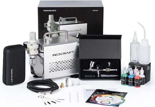 Kit Airbrush Inokraft Compresor Silențios 1/6 Cp Control Dual Pistol 3 Duze 0.2 0.3 0.5 Mm Presiune 34 Psi Sub 47 Db Furtun Suport Curățare 4 Culori Vopsire Modelare