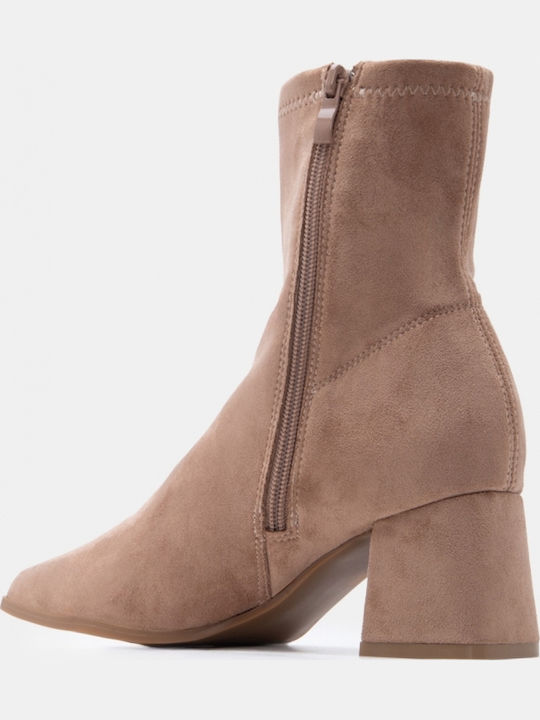 Suede Women's Ankle Boots with Medium Heel Beige