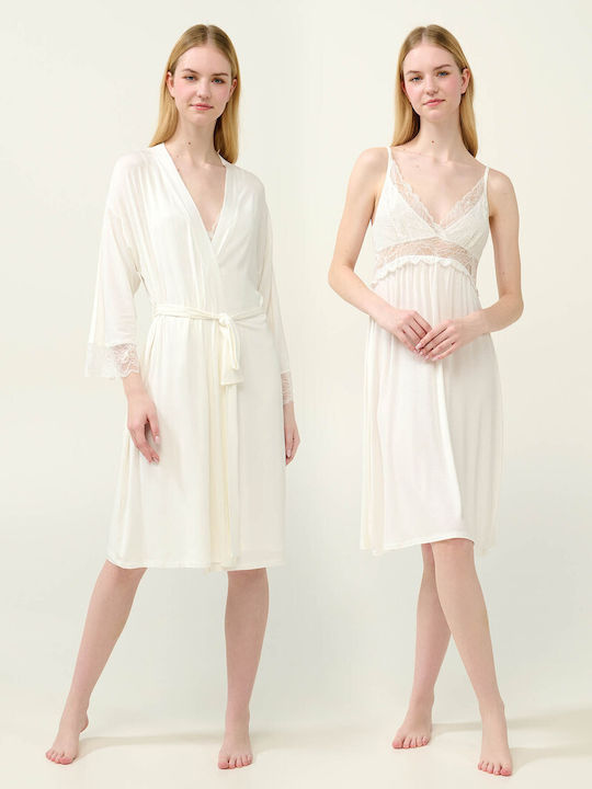 Vamp Vamp Sommer Braut-Set für Damen mit Bademantel und Nachthemd Creme