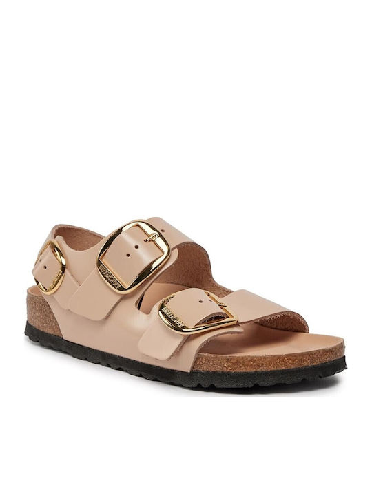 Milano Leather Women's Flat Sandals with Strap in Beige Color Narrow Fit