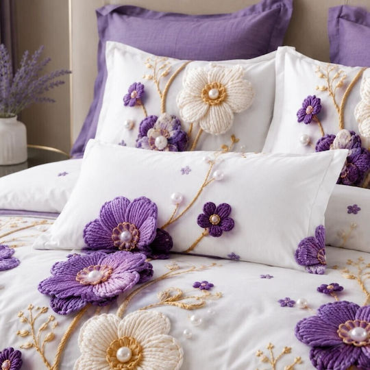 Pucioasa Set Huse Pentru Pilote 200x230cm Dublu Cu 4 Fețe De Pernă & 1 Cearșaf Purple And Cream Flowers