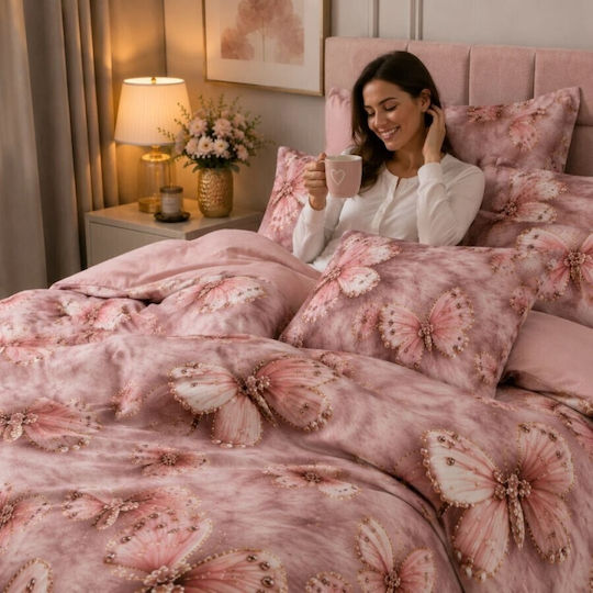 Pucioasa Σετ Παπλωματοθήκη 200x230cm Διπλή με 4 Μαξιλαροθήκες & 1 Σεντόνι Pink Butterflies