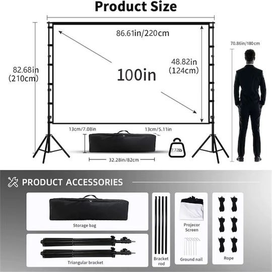 Екран за Проектор 100" 2 Трипода 4k Hd 16:9 Soft White Alr Платно Home Cinema 220x142cm