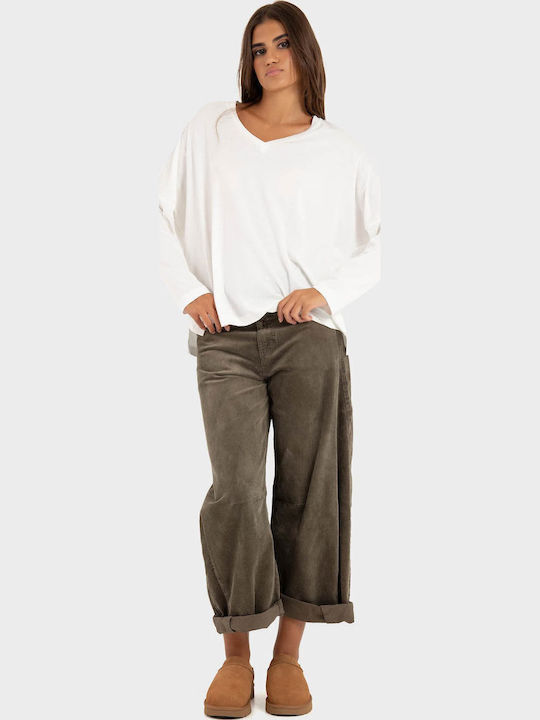 Bluza Damă Bumbac Mânecă Lungă cu Decolteu în V Off White
