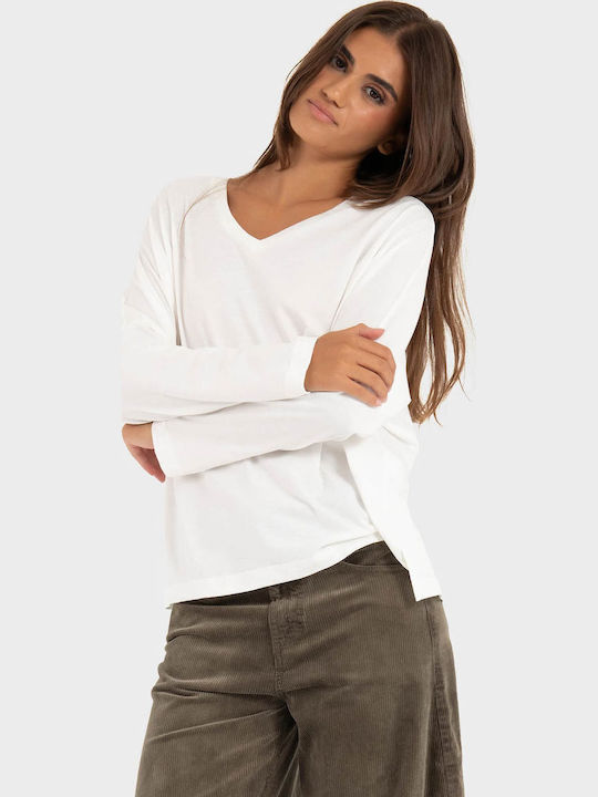 Bluza Damă Bumbac Mânecă Lungă cu Decolteu în V Off White