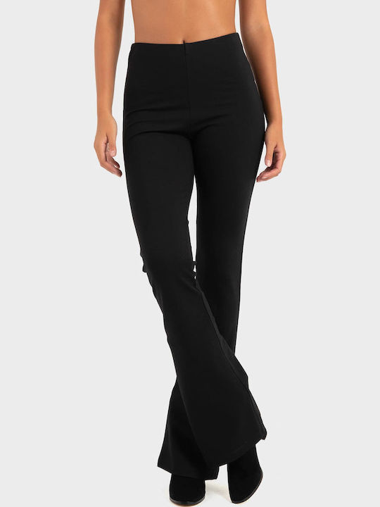 Women's High Rise Fabric Flared Trousers with Rubber Band Black