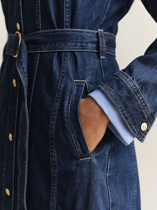 Gant Rochie de Vară Midi Rochie-cămașă Denim Albastru Închis