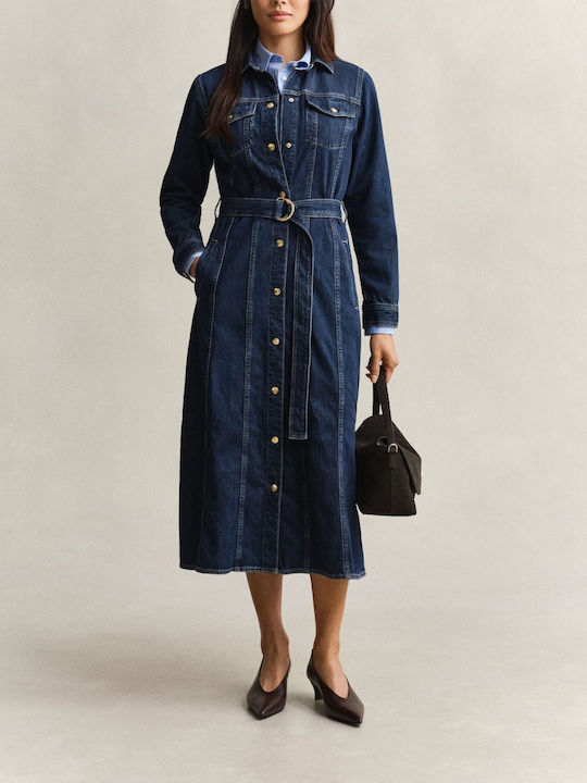 Summer Midi Shirt Dress Denim Dark Blue