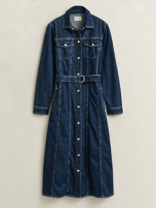 Summer Midi Shirt Dress Denim Dark Blue