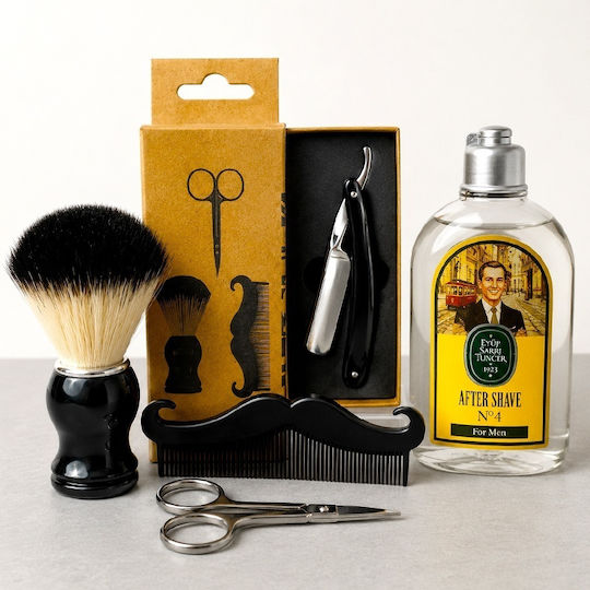 Set de bărbierit premium Gentleman Eyüp Sabri Tuncer No 4 Loțiune Aftershave Set complet de bărbierit Set de accesorii metalice în geantă elegantă