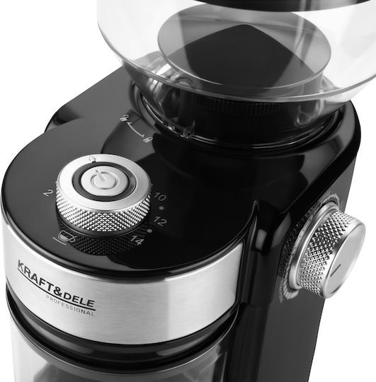 Kraft & Dele Râșniță Electrică de Cafea 300W cu Capacitate de 240gr și 14 Nivele de Măcinare Neagră