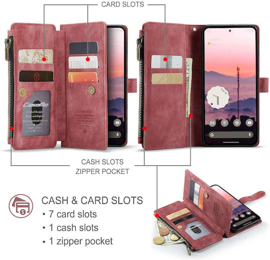 Caseme C30 Google Pixel 10a Card Slots Zipper Wallet Leather Case Red