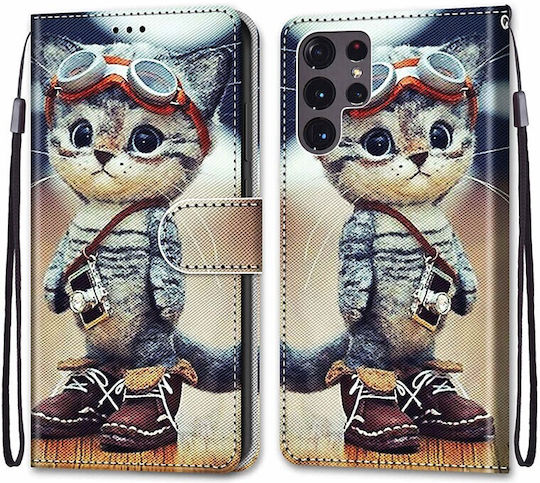 Coloured Drawing Cross Mobile Phone Case Wallet Leather Shoes Cat Samsung Galaxy S22 Ultra