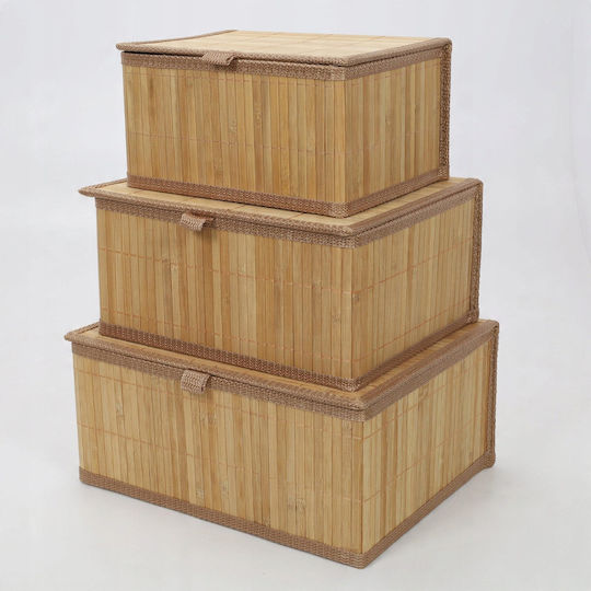 ikonka Bamboo Storage Basket with Lid Brown 3 Pieces