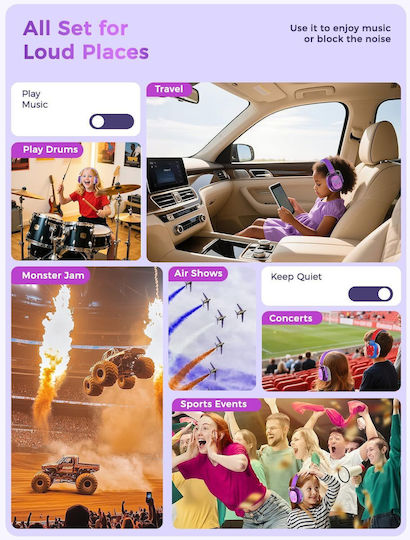 iClever Em02 Căști Audio Bluetooth Fără Fir de Copii Over Ear cu 60 Ore de Autonomie și Încărcare Rapidă Violet