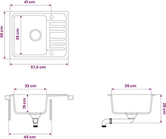 vidaXL Drop-In Küchenspüle aus Flüssigem Granit M57.5xP46cm Grau