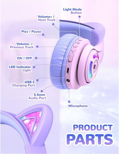 iClever BTH13 Căști Over Ear pentru Copii Wireless / Cu Fir cu 50 Ore de Autonomie Gradient Roz