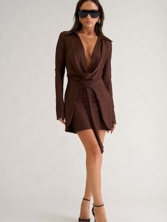 Summer Mini Shirt Dress Drape Dark Brown