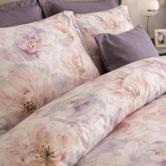 Pucioasa Set Duvet Cover 200x230cm Double with 4 Pillowcases & 1 Bed Sheet Pastel Pink-Lilac Flowers