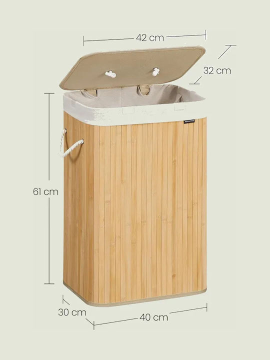 Songmics Coș de rufe Bambus Pliabil 72 l cu Capac 40x30x60 cm Bej