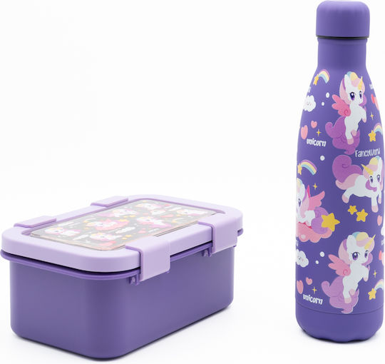 Sidirela Happy Unicorns Edelstahl Kinderlebensmittelbehälter Abendessen-Set Einhörner 0,5 Liter Thermisch Lila