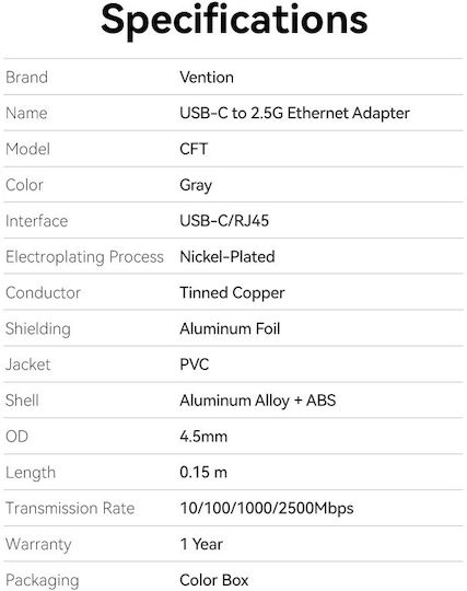 Vention CFTHB USB-C Network Adapter with Wired Gigabit Ethernet Connection