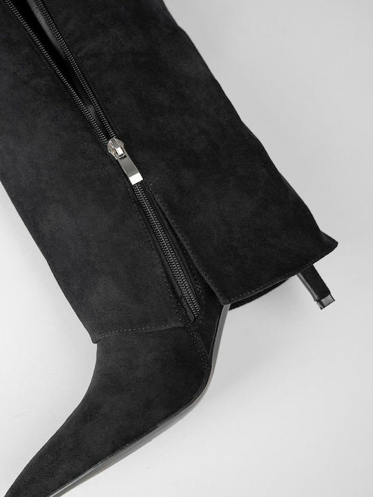 Wildleder Damenstiefel mit mittlerem Absatz Schwarz