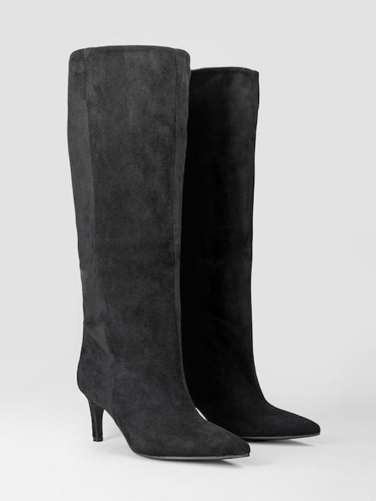 Wildleder Damenstiefel mit Mittelhohem Absatz Schwarz