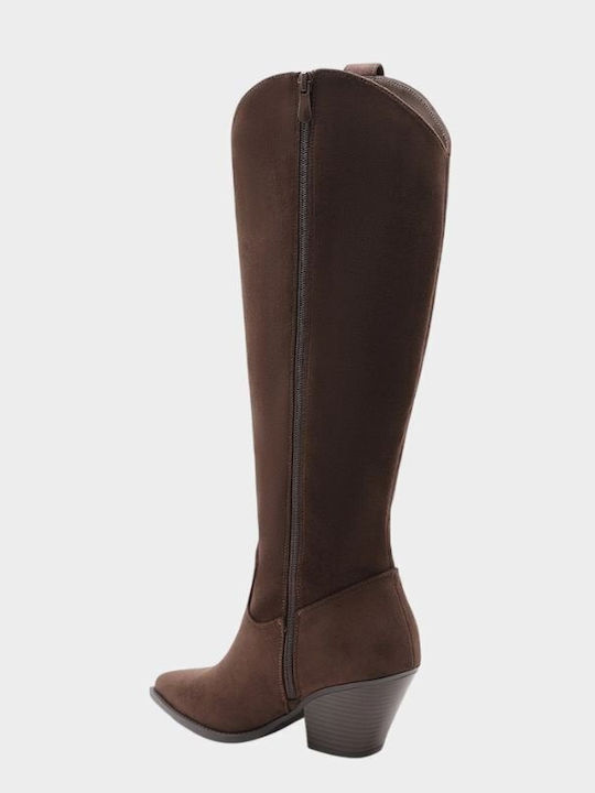 Suede Women's Cowboy Boots with High Heel Brown