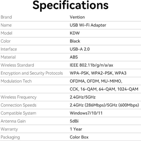 Vention KDWB0 USB Network Adapter with Wireless Wi-Fi Connection
