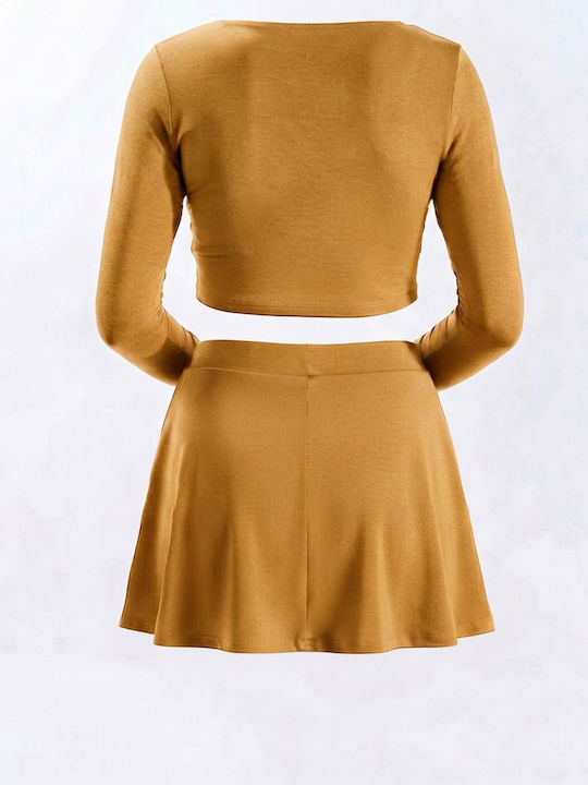 Γυναικείο Crop Top Μακρυμάνικο Camel-mustard