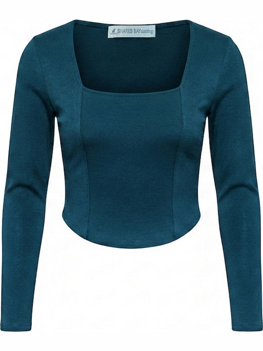 Γυναικείο Crop Top Μακρυμάνικο Πετρόλ