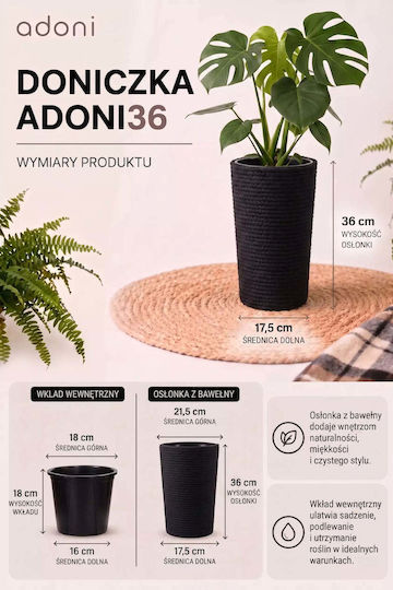 Adoni Kunststoff-Blumentopf Schwarz 22x36cm