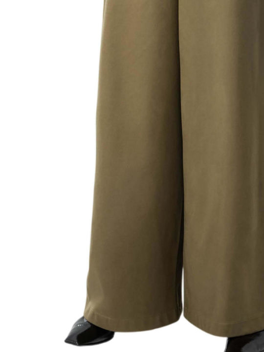 Women's High-Rise Leather Wide-Leg Trousers in a Loose Fit Khaki
