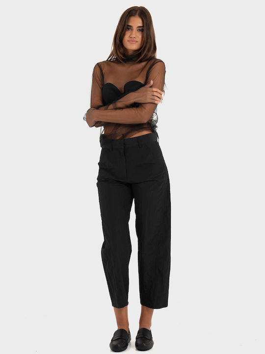 Damen Hochbund Stoff Capri Hose Schwarz