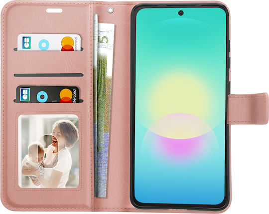 Mayaxess Калъф Портмоне Samsung Galaxy A27 Видео Стойка Каишка За Ръка Розово Злато
