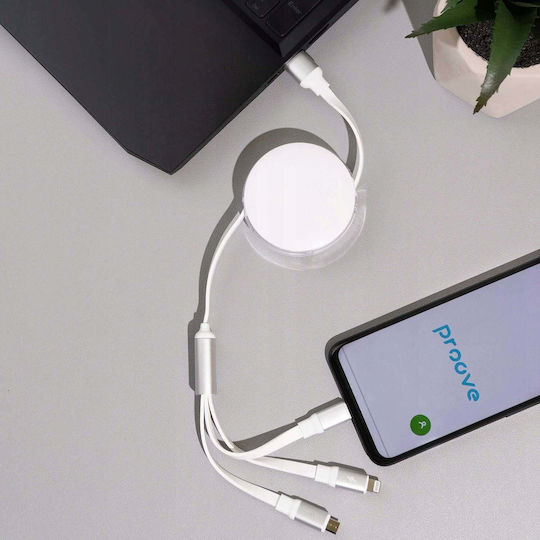 Proove Подвижен USB към micro USB / Type-C / Lightning кабел 3A Бял 1.2m