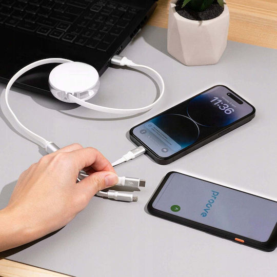 Proove Подвижен USB към micro USB / Type-C / Lightning кабел 3A Бял 1.2m