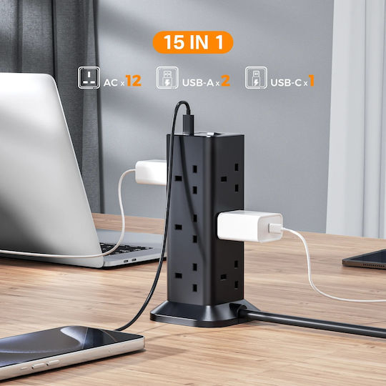 Tessan Steckdosenleiste 12 Anschlüsse mit 1 USB-A, Schalter und 3m Kabel