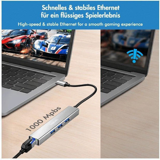 LogiLink USB хъб 3 порта USB 3.2 с USB-C / Ethernet Сребрист