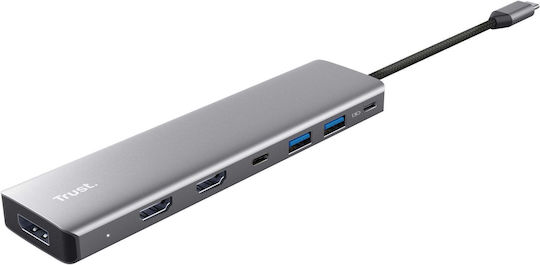 Trust 7 IN 1 USB-A / USB-C Докинг станция с HDMI 4K PD Ethernet и свързване 2 монитора Сребрист