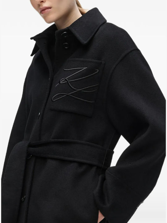 Wool Women's Coat Black with Belt