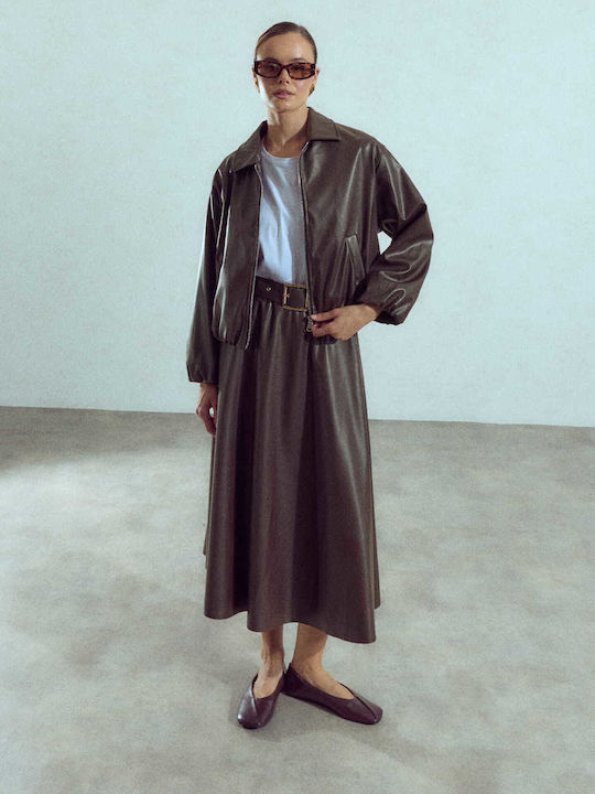 Γυναικεία Φούστα Μίντι Δερματίνης Loose Fit Καφέ