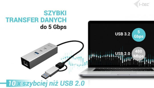 i-tec USB 3.0 3 Port Hub with USB-A / USB-C / Ethernet Grey