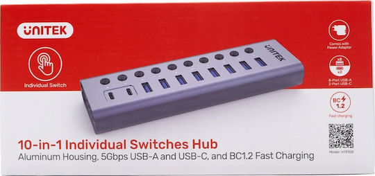 Unitek USB-Hub 10 Anschlüsse USB 3.0 mit Anschluss an einen Computer USB-C Silber