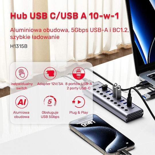 Unitek USB-Hub 10 Anschlüsse USB 3.0 mit Anschluss an einen Computer USB-C Silber
