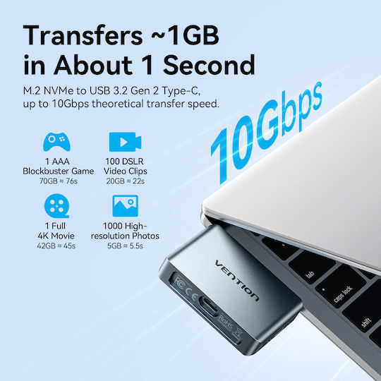 Vention Θήκη για Σκληρό Δίσκο M.2 SATA III NVME με σύνδεση USB 3.2 Type-C