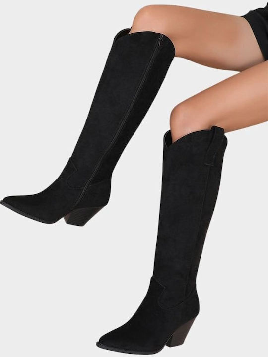 Wildleder Damenstiefel Cowboy mit Hohem Absatz Schwarz
