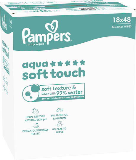 Pampers Aqua Soft Touch Hypoallergenic Baby Wipes with 99% Water, Fragrance Free, Alcohol-Free & Parabens Free 18x48pcs