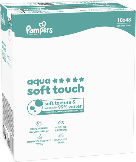 Pampers Aqua Soft Touch Hypoallergenic Baby Wipes with 99% Water, Fragrance Free, Alcohol-Free & Parabens Free 18x48pcs